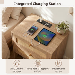 Nightstand with Charging Station and Open Storage for Bedroom-Oak
