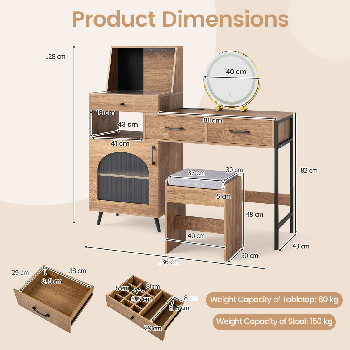 Vanity Desk with Mirror and Lights Makeup Vanity Table with 3 Lighting Modes-Natural