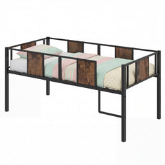 Low Loft Bed Single Size with Heavy-Duty Metal Frame-RusticBrown