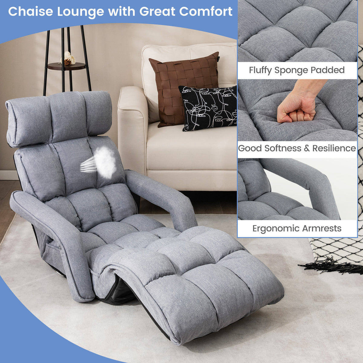 Folding Sofa Bed with 6 Adjustable Positions and 8-Angle Footrest-Grey