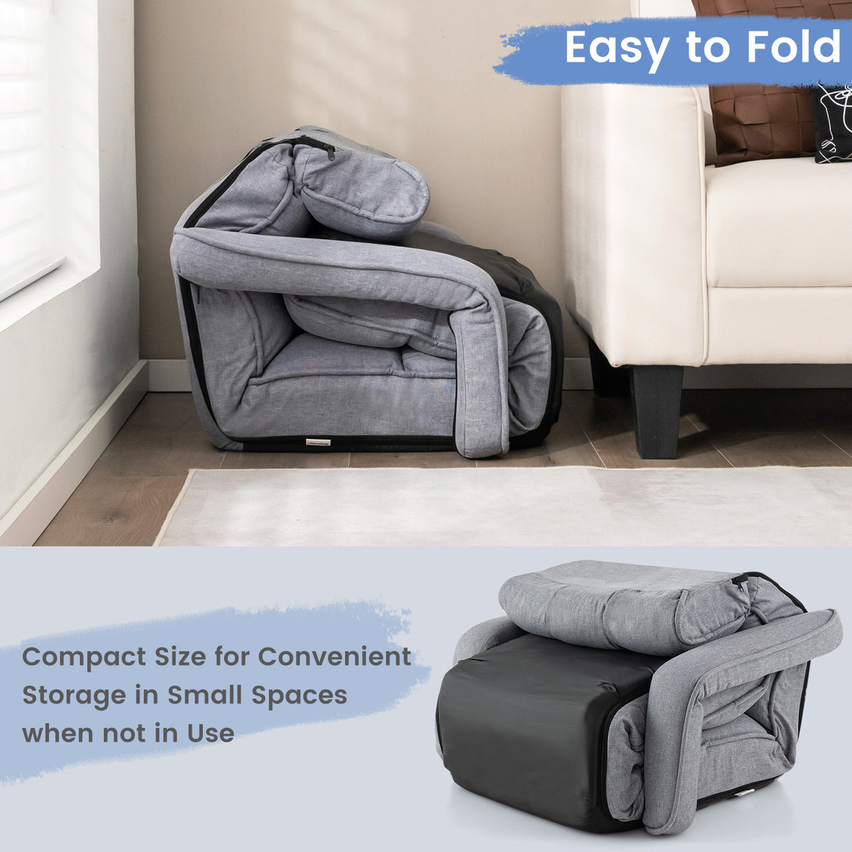 Folding Sofa Bed with 6 Adjustable Positions and 8-Angle Footrest-Grey
