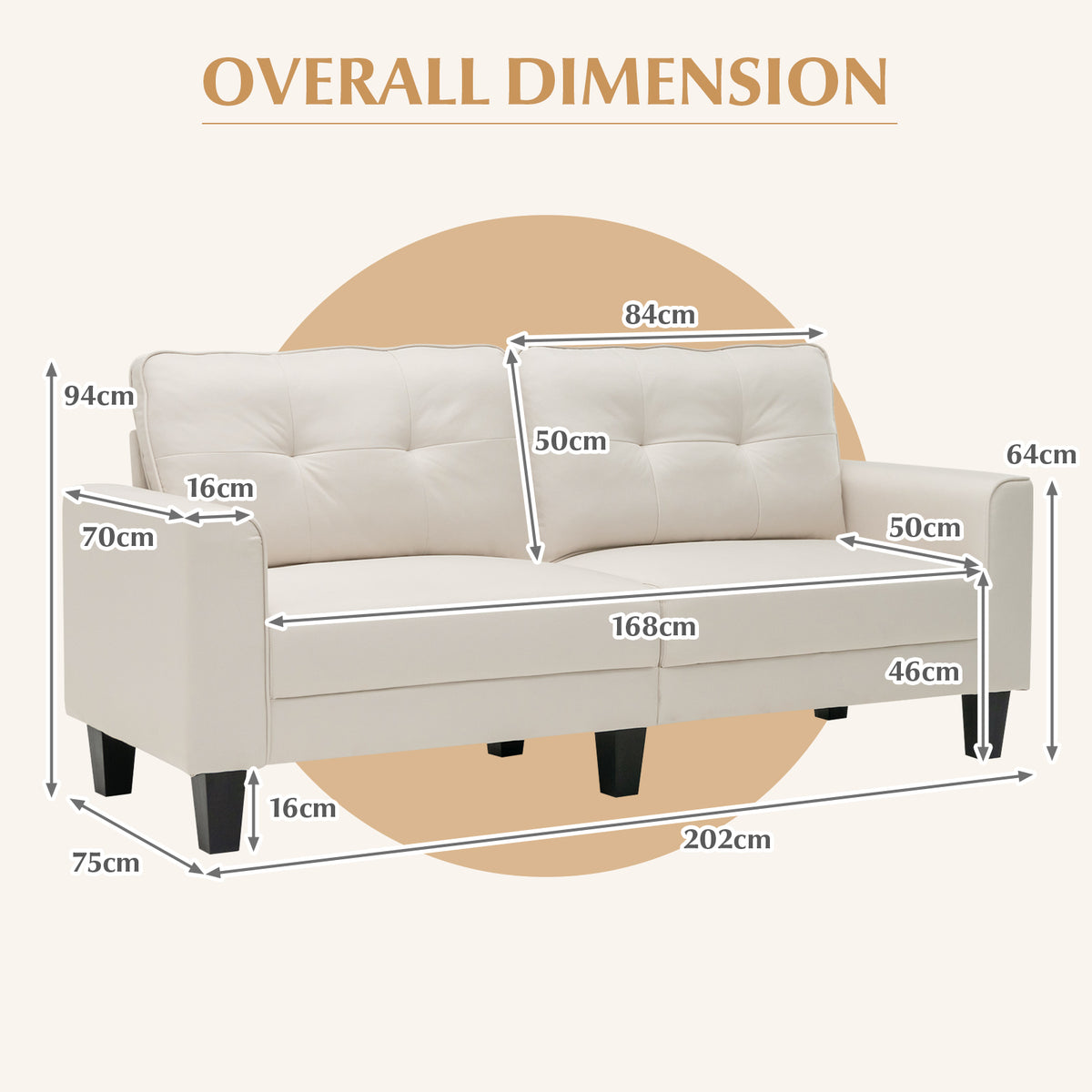 Modern Upholstered Corner Sofa Couch with 2 Removable Back Cushions-Beige