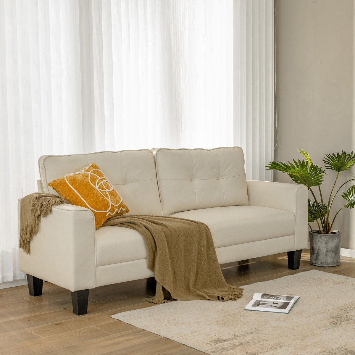 Modern Upholstered Corner Sofa Couch with 2 Removable Back Cushions-Beige