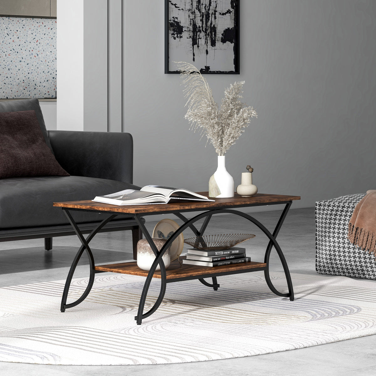 2-Tier Faux Marble Coffee Table with Golden Metal Frame-Rustic Brown