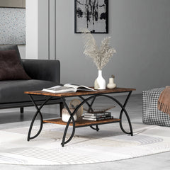 2-Tier Faux Marble Coffee Table with Golden Metal Frame-Rustic Brown