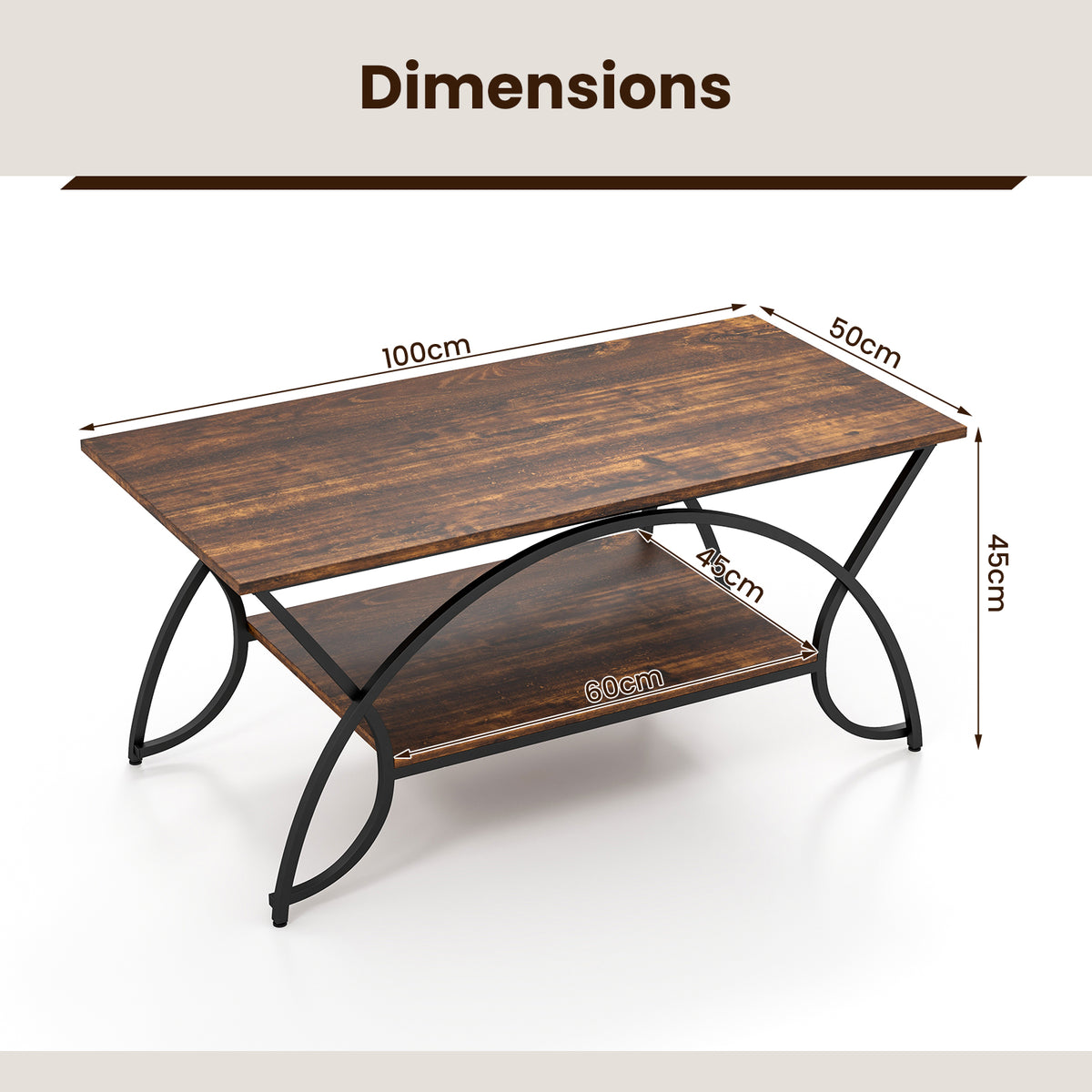 2-Tier Faux Marble Coffee Table with Golden Metal Frame-Rustic Brown