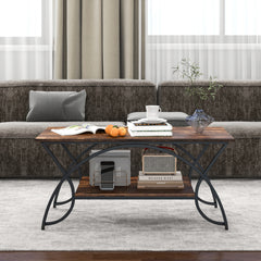 2-Tier Faux Marble Coffee Table with Golden Metal Frame-Rustic Brown