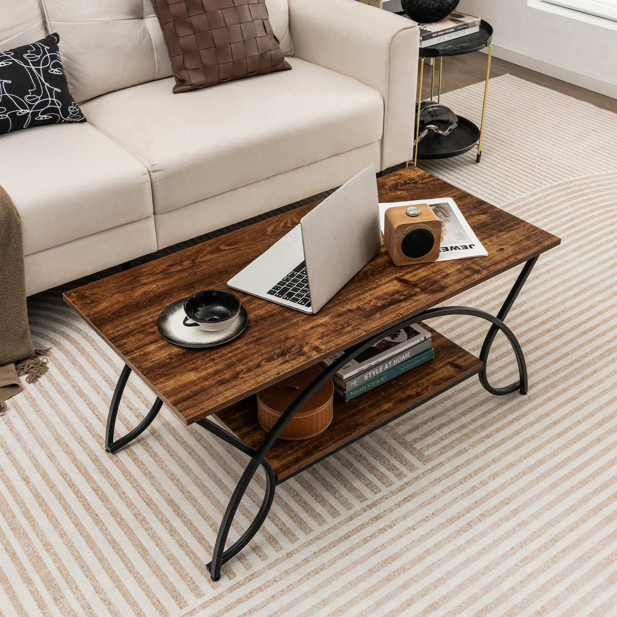 2-Tier Faux Marble Coffee Table with Golden Metal Frame-Rustic Brown