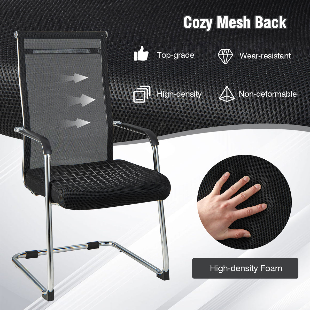Set of 2 Office Guest Chairs with Metal Sled Base and Armrests-Black