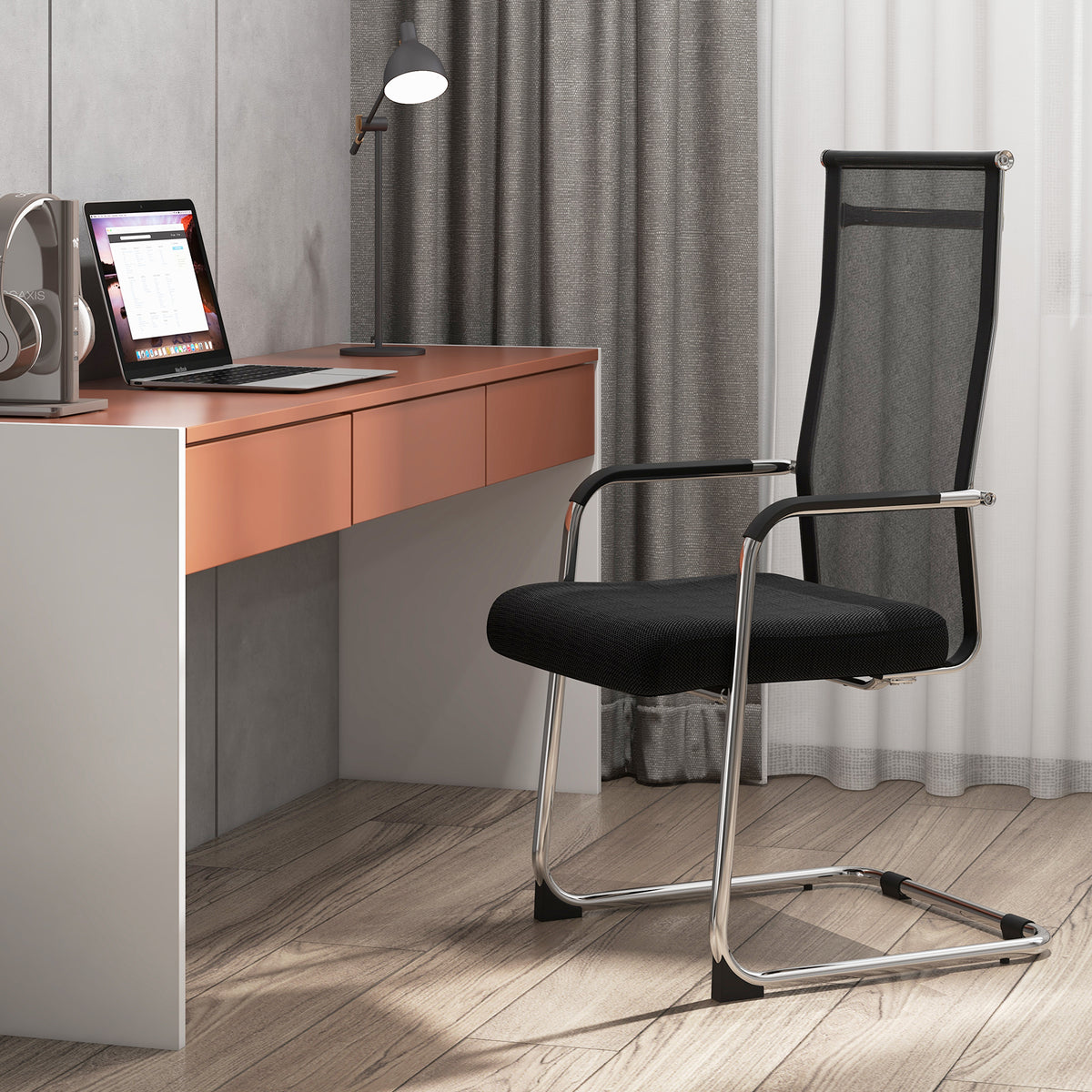 Set of 2 Office Guest Chairs with Metal Sled Base and Armrests-Black
