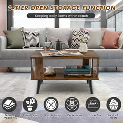 Wooden Industrial Coffee Table with Storage Shelf for Home Office-Brown