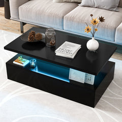Modern 2-tier High Glossy Black Coffee Table with Adjustable Light Colors-Black