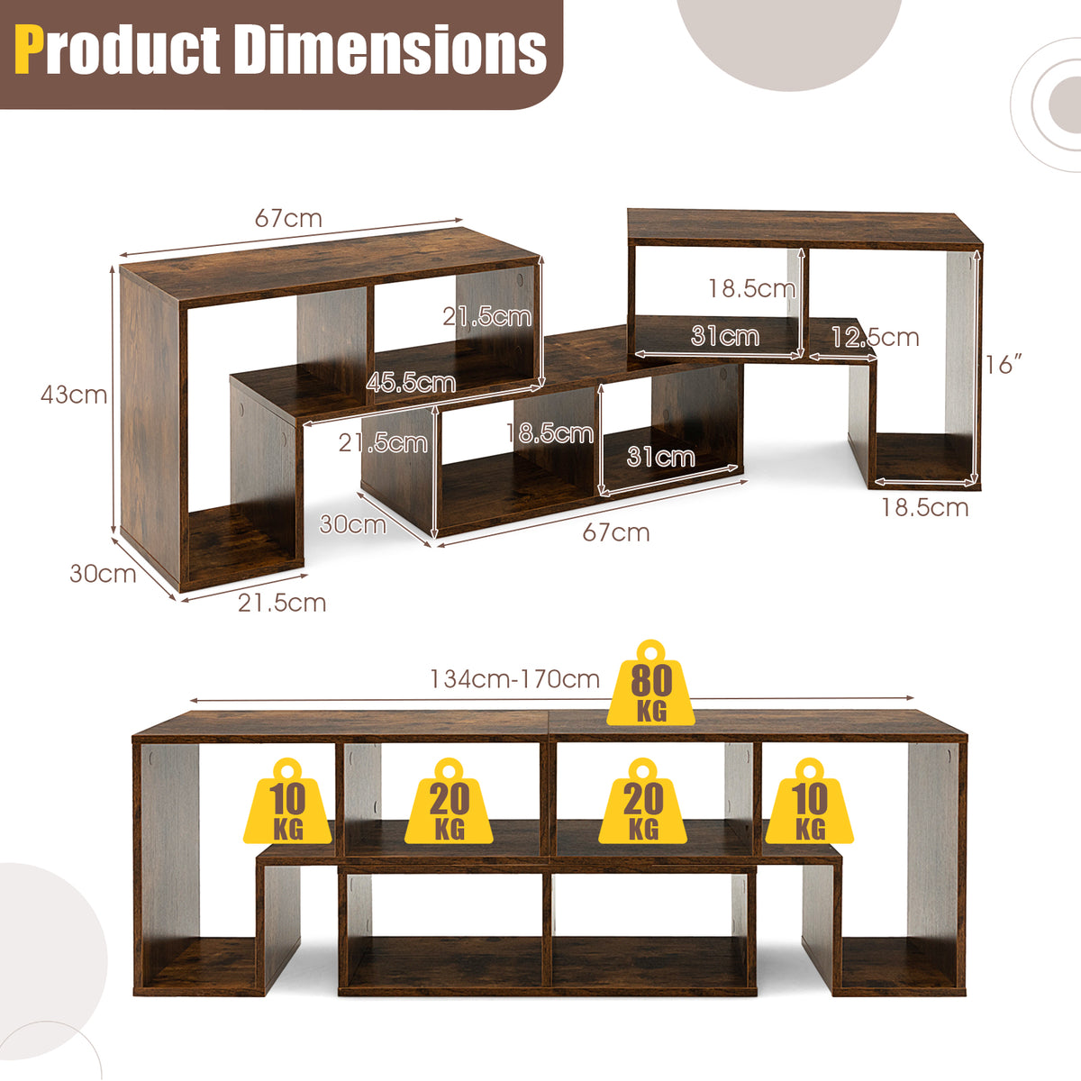 3 Pieces Convertible TV Stand for TVs up to 65 Inches-Rustic Brown