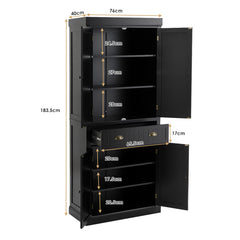 4-Door Tall Kitchen Cupboard Adjustable Shelves and Drawer-Black