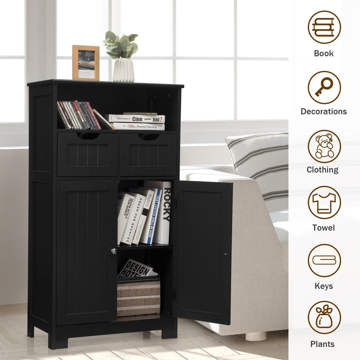 The utility cabinet filled with books and items with icons showing suggested storage uses