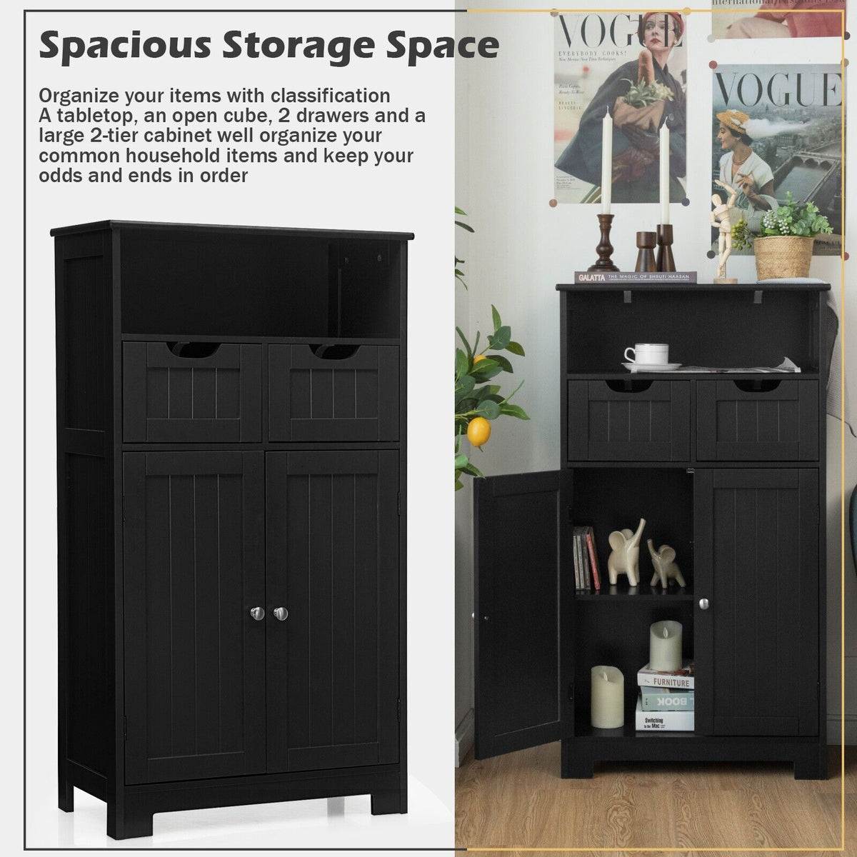 The floor cabinet shown with descriptive text about its storage capacity and features