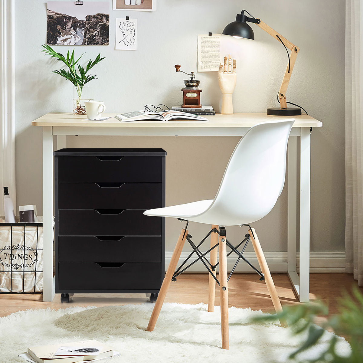 5 Drawer Chest with Wheels for Home and Office-Black