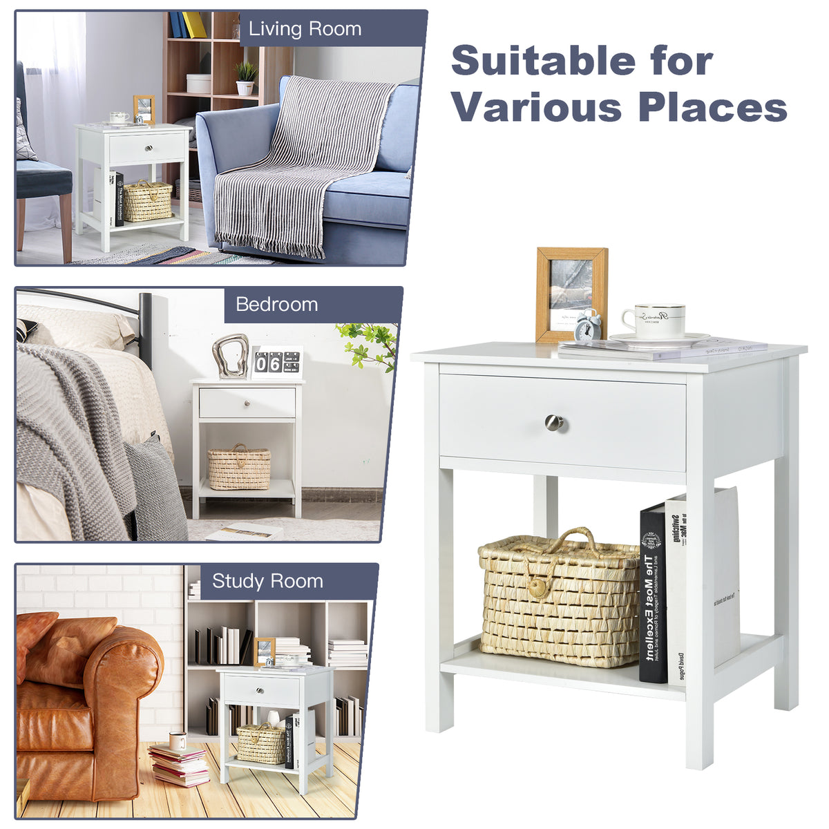 2 Pieces Wooden Nightstand with Drawer and Storage Shelf-White