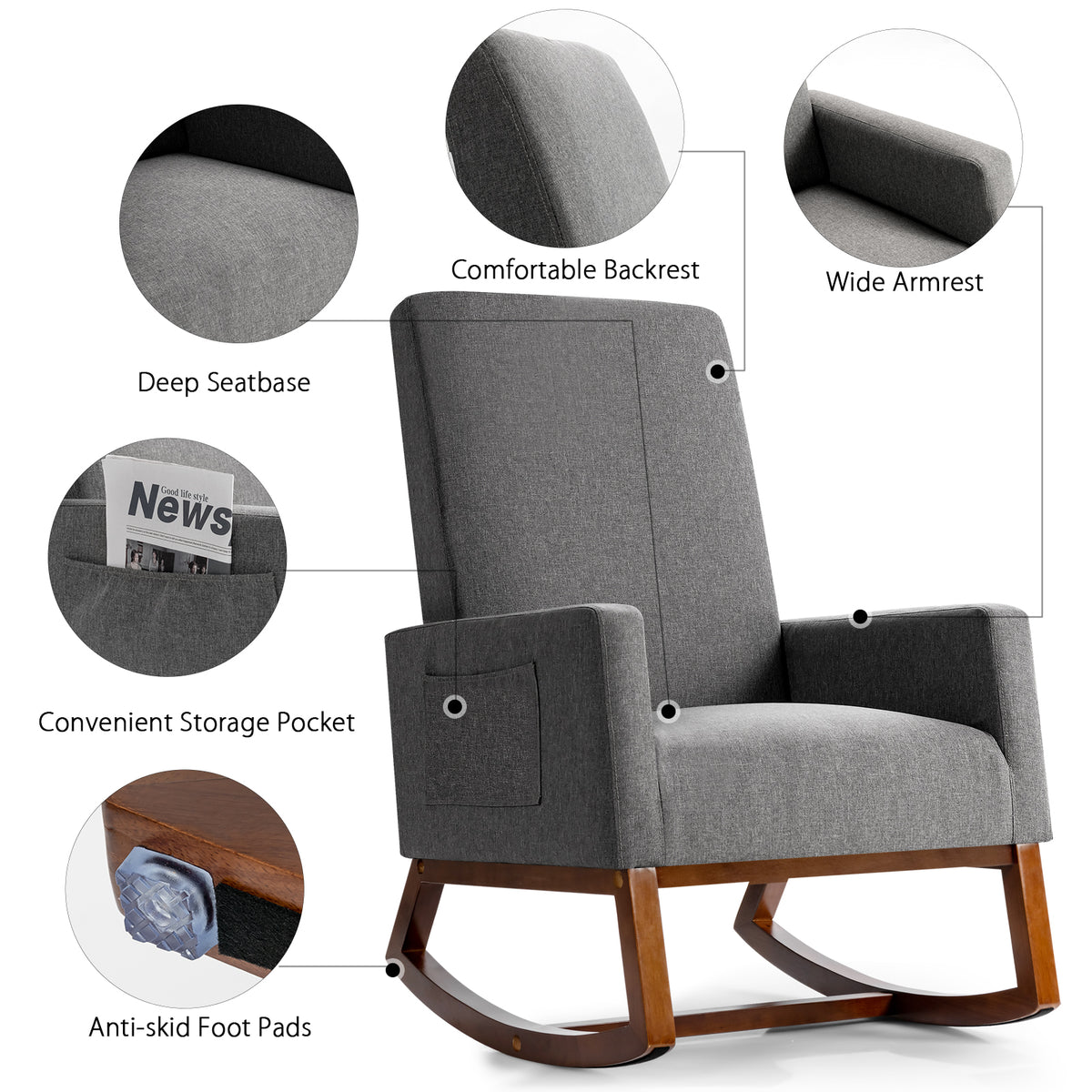 Upholstered Fabric Armchair with Rubber Wood Base-Grey