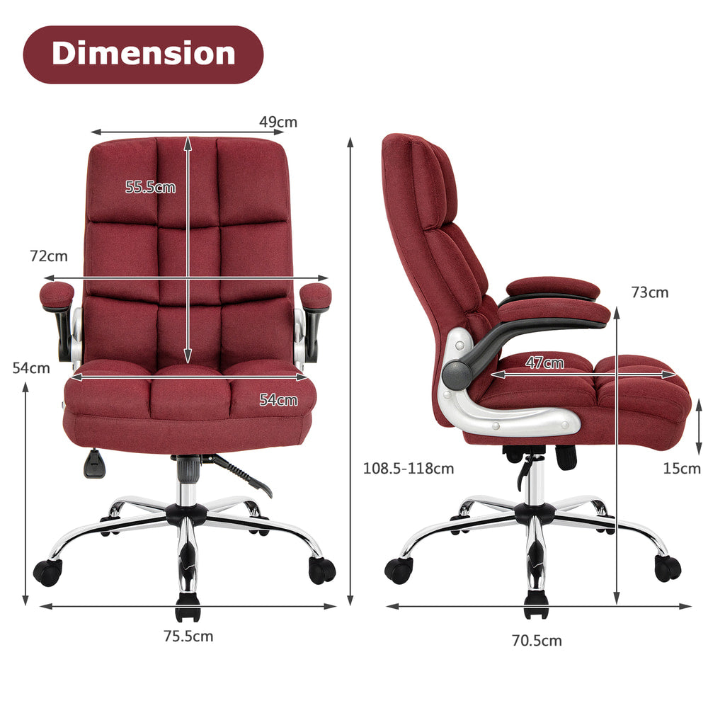 The office chair with annotated lines and measurements showing its height and width