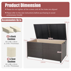 A diagram showing the dimensions of the rectangular PE wicker deck box and what it can hold