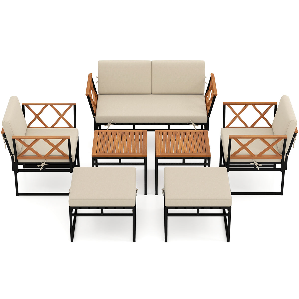 7 Piece Outdoor Conversation Set with Ottomans for Porch-Beige