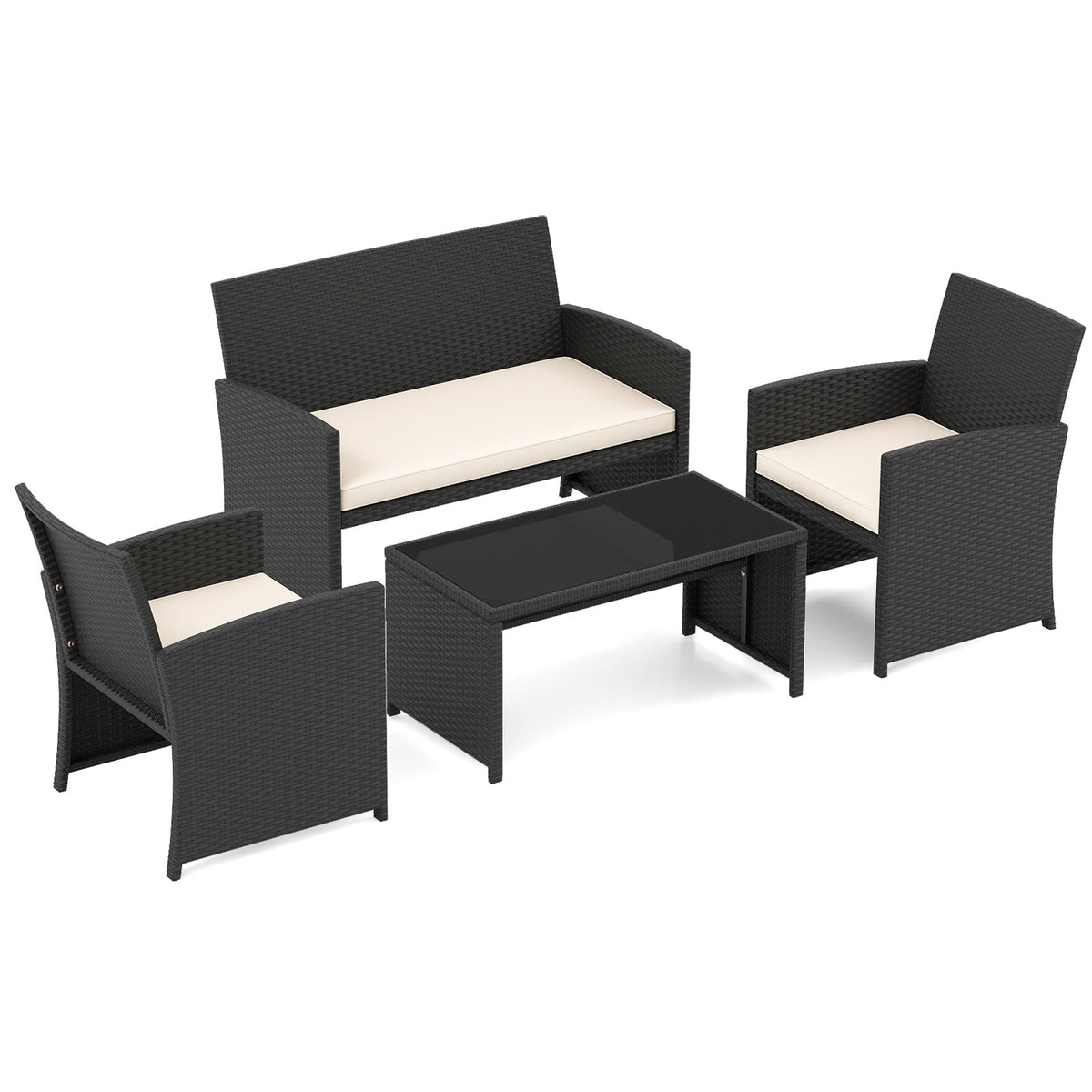4 Piece Patio Rattan Conversation Set Wicker Loveseat Armchairs-White