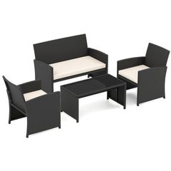 4 Piece Patio Rattan Conversation Set Wicker Loveseat Armchairs-White