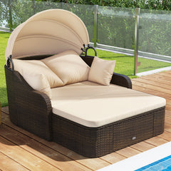 PE Rattan Daybed with Retractable Canopy and Soft Cushions for Backyard-Brown