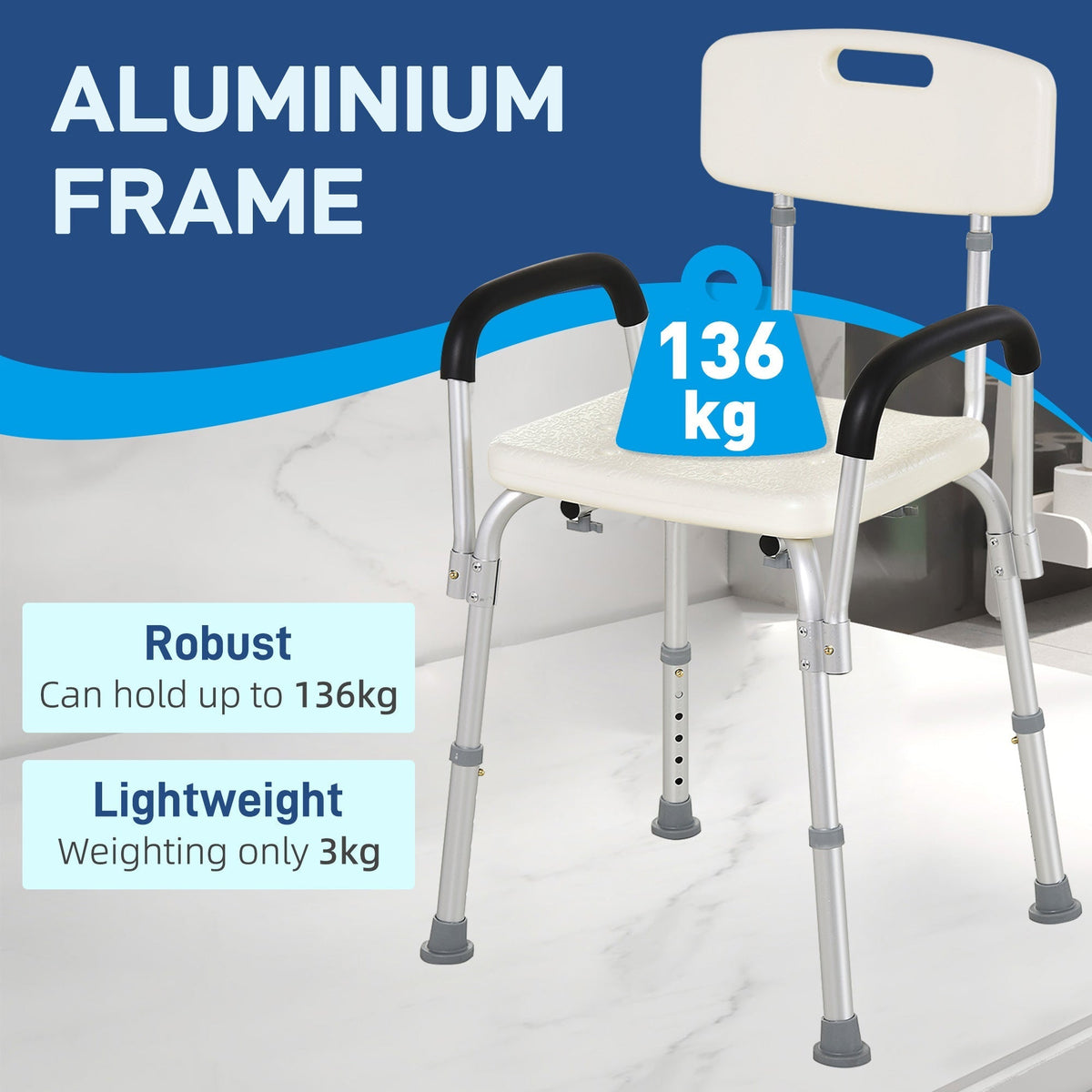 HOMCOM Adjustable Shower Chair, Shower Seat, Portable Medical Stool with Adjustable Back and Armrest for Mobility