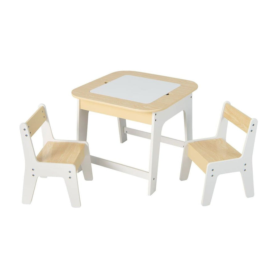 Kids Table and Chairs Set with Double-Sided Tabletop and Hidden Storage-Natural