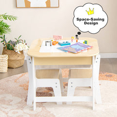 Kids Table and Chairs Set with Double-Sided Tabletop and Hidden Storage-Natural