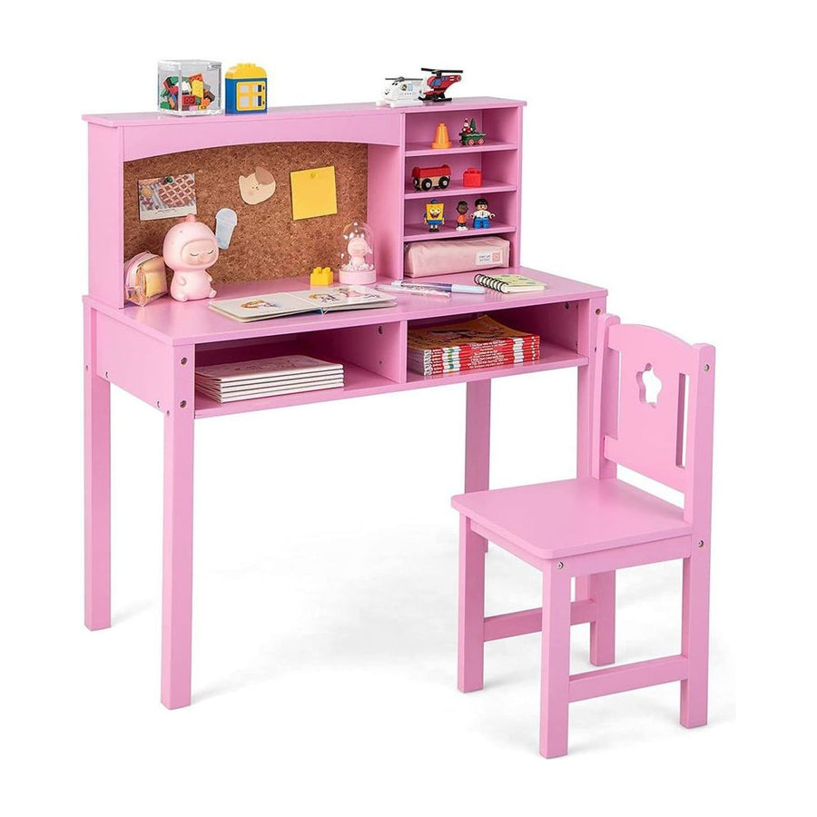 Wooden Kids Desk and Chair Set with Hutch for Studying and Reading-Pink
