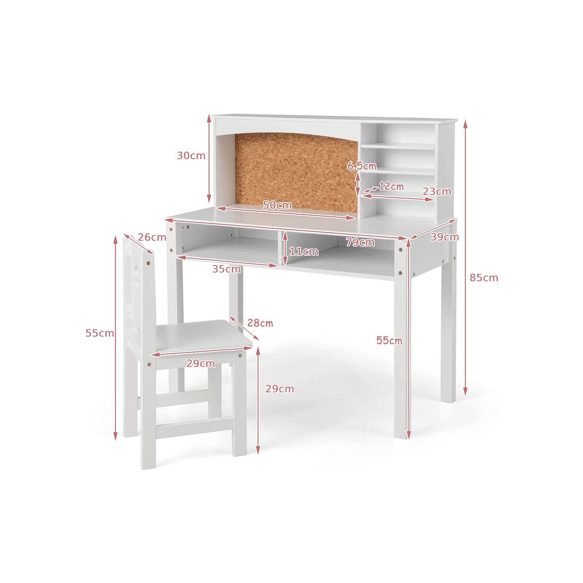 Wooden Kids Desk and Chair Set with Hutch for Studying and Reading-White