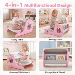 Four ways to use the pink kids table and chair set: study table, dining table, drawing whiteboard, and storage book stand