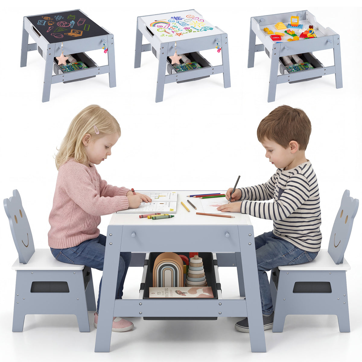 Versatile Kids Table and 2 Chairs Set with Detachable Double-sized Tabletop-Grey