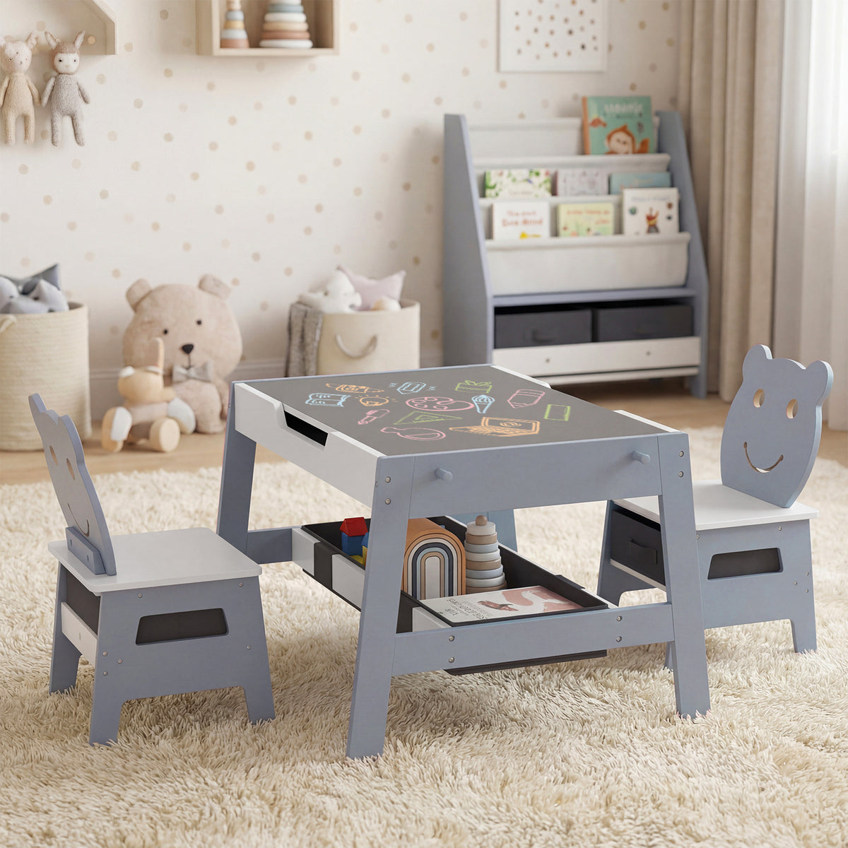Versatile Kids Table and 2 Chairs Set with Detachable Double-sized Tabletop-Grey