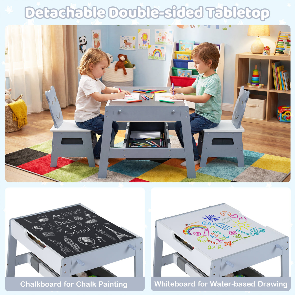 Versatile Kids Table and 2 Chairs Set with Detachable Double-sized Tabletop-Grey