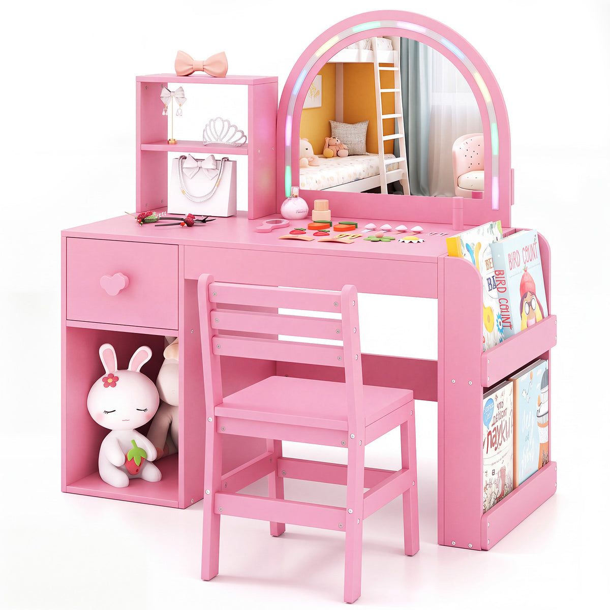 Kids Vanity Table and Chair Set with Lighted Mirror Open Storage Shelves-Sakura Pink