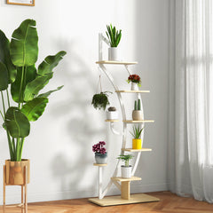 8-Tier Tall Wooden Curved Half-Moo Shape Plant Stand with Top Hook-White