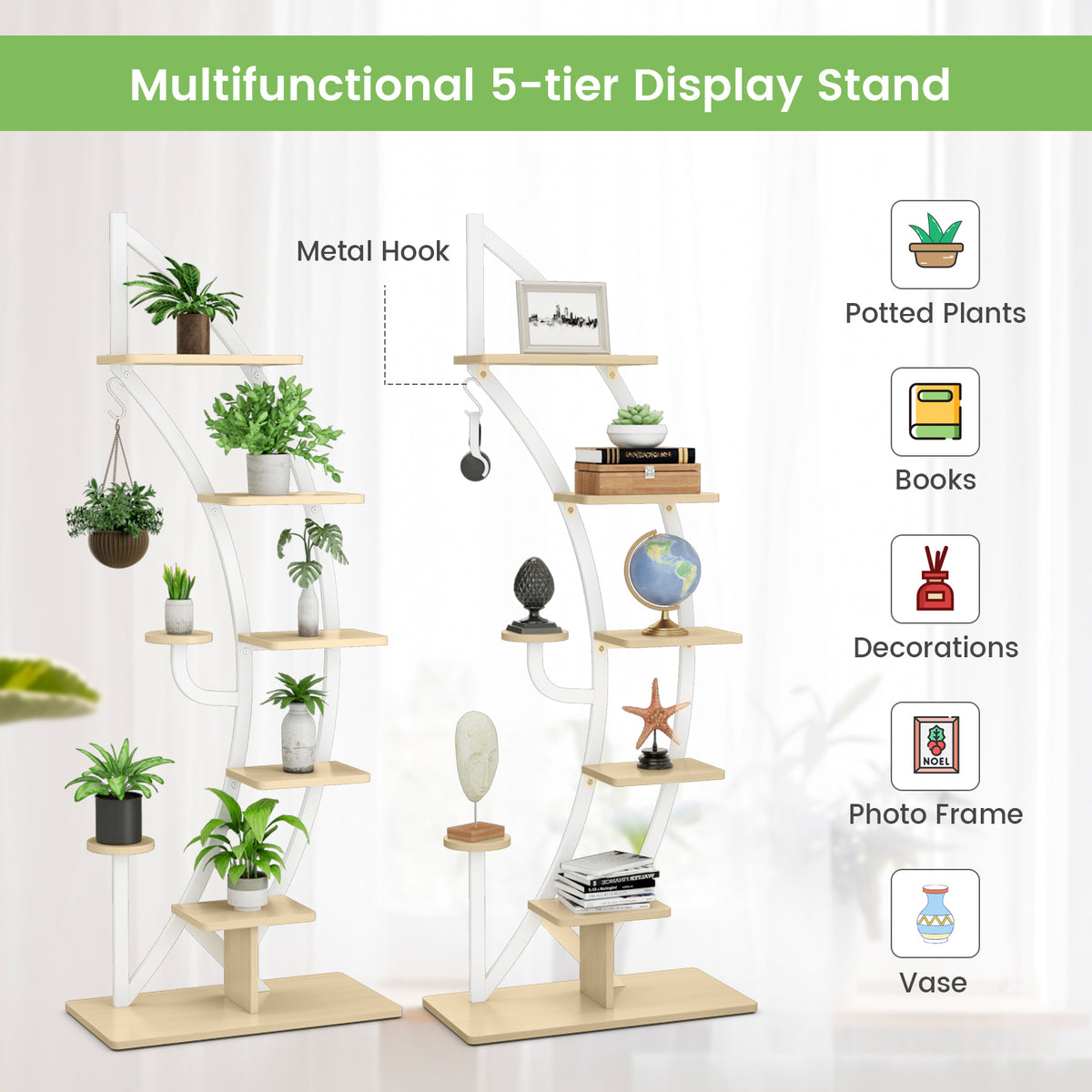 8-Tier Tall Wooden Curved Half-Moo Shape Plant Stand with Top Hook-White