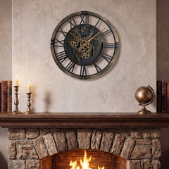 27" Large Wall Clock with World Map and Moving Gears-Brown