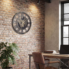 27" Large Wall Clock with World Map and Moving Gears-Brown