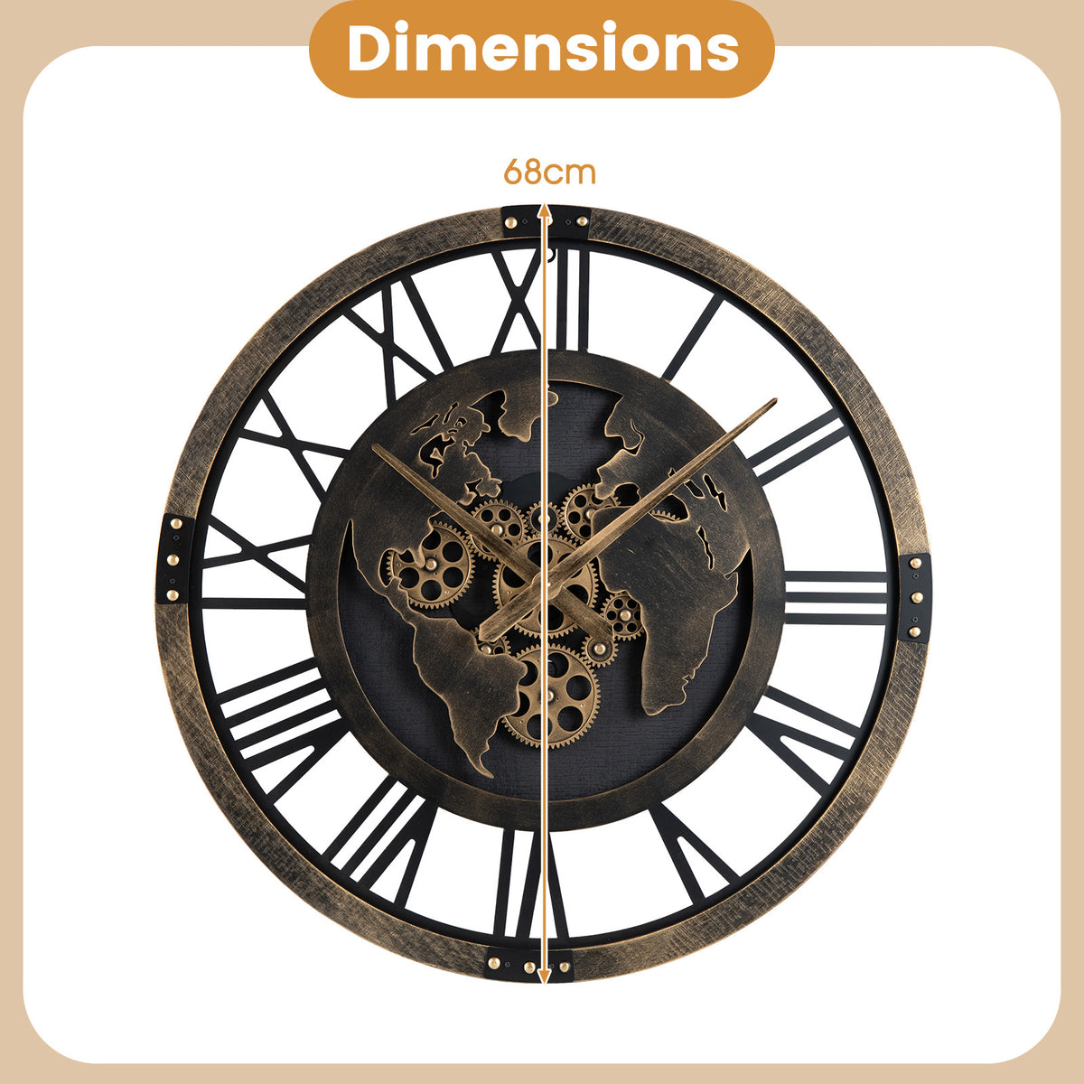 27" Large Wall Clock with World Map and Moving Gears-Brown