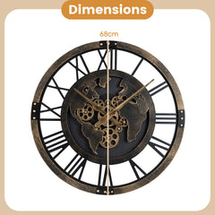 27" Large Wall Clock with World Map and Moving Gears-Brown