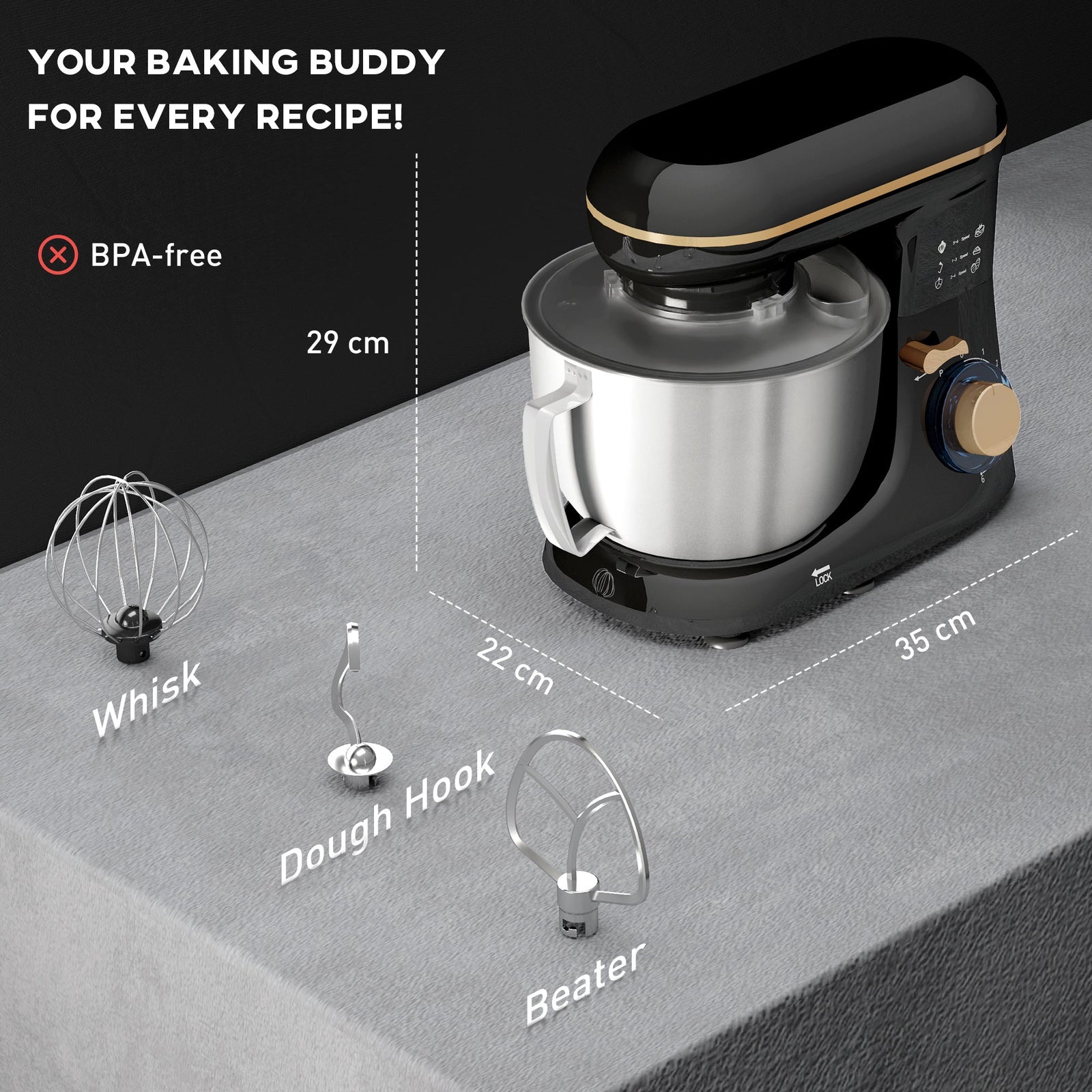 HOMCOM 1300W Kitchen Stand Mixer, with Accessories - Black
