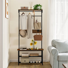 Hall Tree with Bench and Shoe Storage with Hanging Bars-Rustic Brown