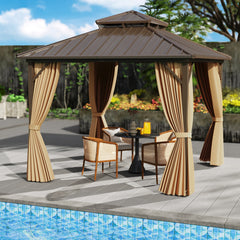 290 x 290 cm Hardtop Gazebo with Netting and Curtain and Double-Roof Metal Top-Coffee