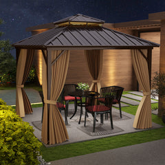 290 x 290 cm Hardtop Gazebo with Netting and Curtain and Double-Roof Metal Top-Coffee