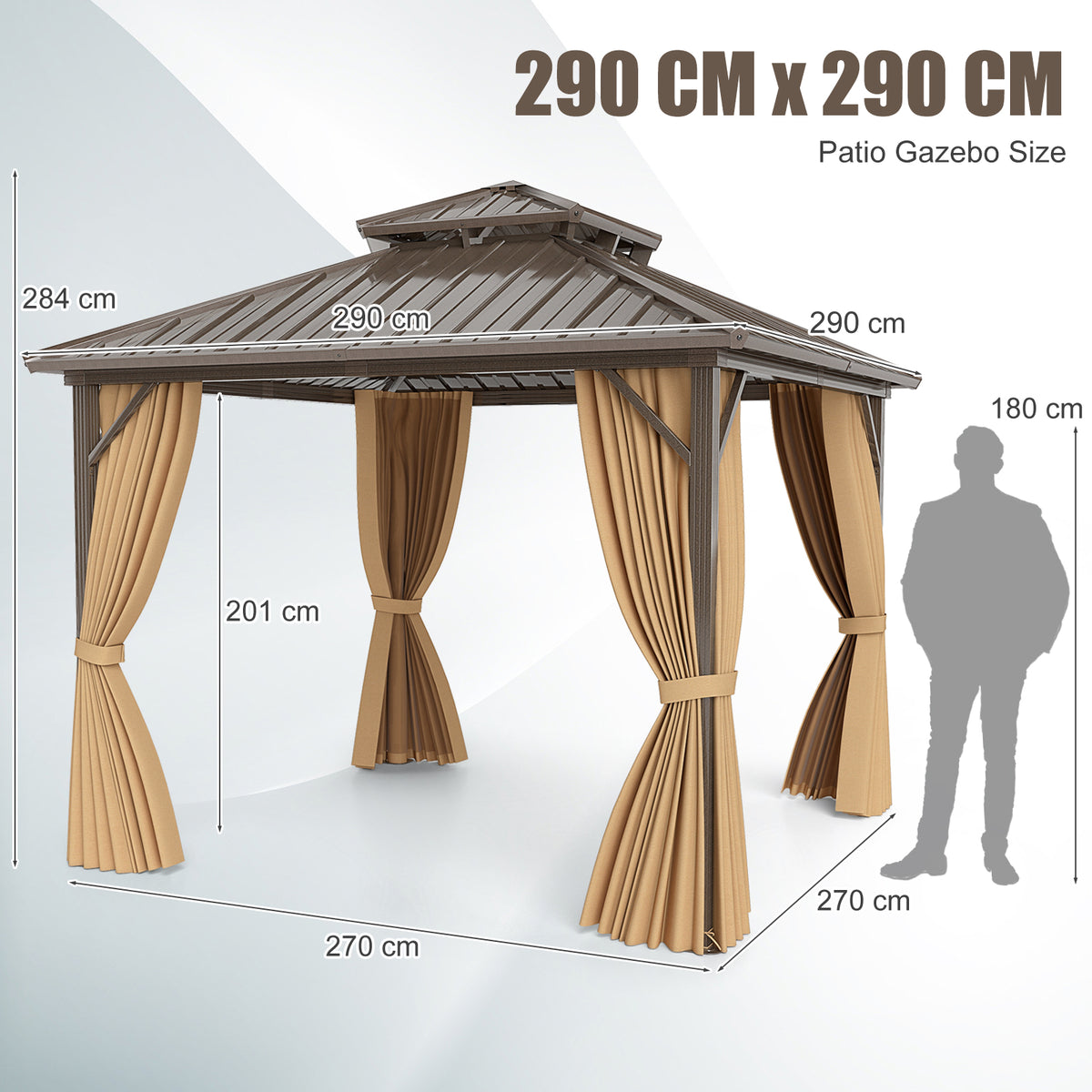 290 x 290 cm Hardtop Gazebo with Netting and Curtain and Double-Roof Metal Top-Coffee